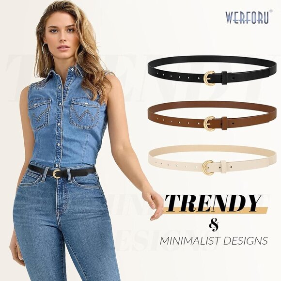 Women Skinny Leather Belt with Gold Buckle 0.74\